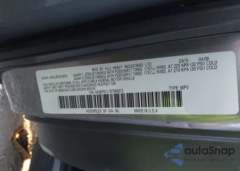 2008 Subaru Outback 2.5I/2.5I L.l. Bean Edition from USA, damaged, VIN 4S4BP61C787366973